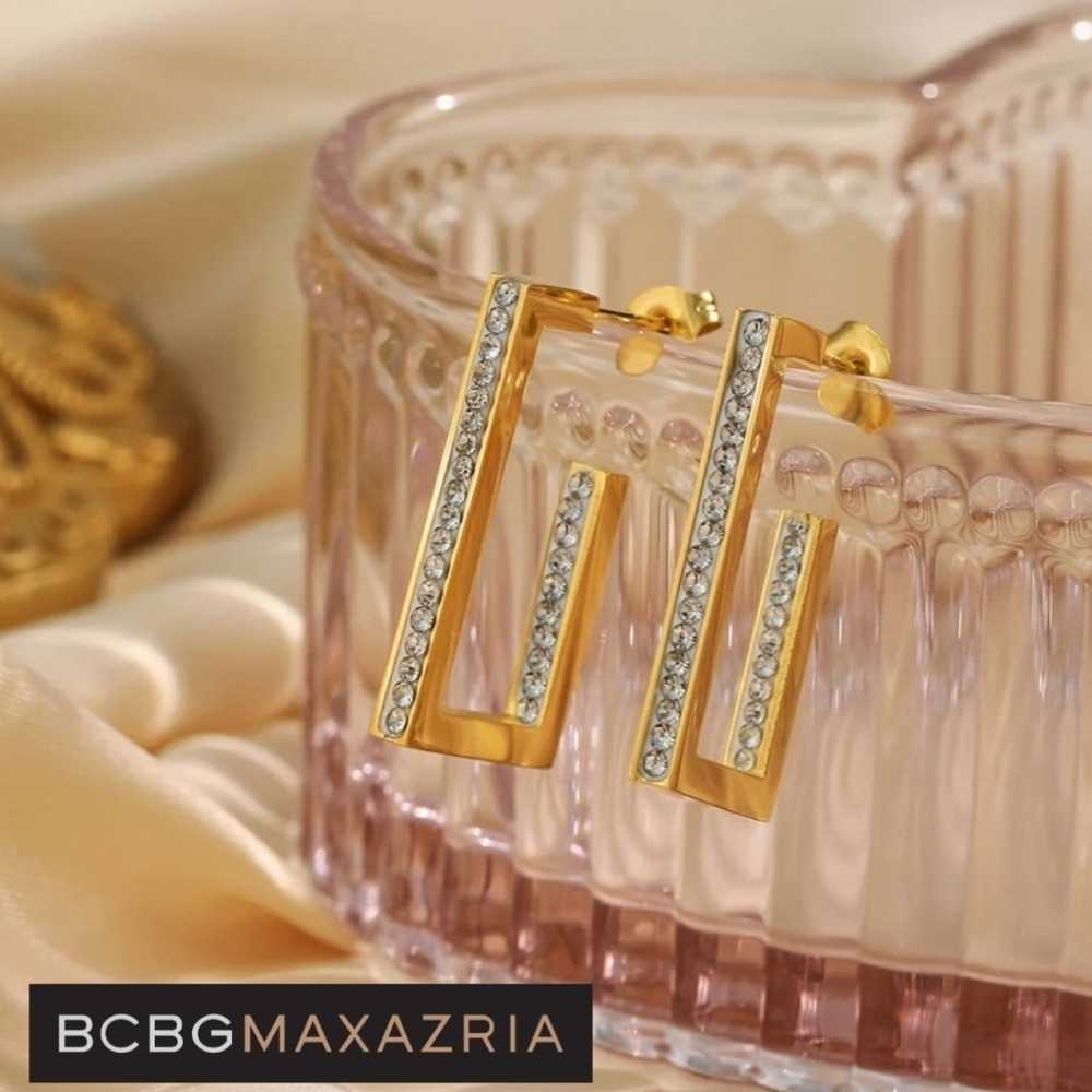 NWT BCBGMAXAZRIA Gold Plated Rectangular CZ Embellished Earrings